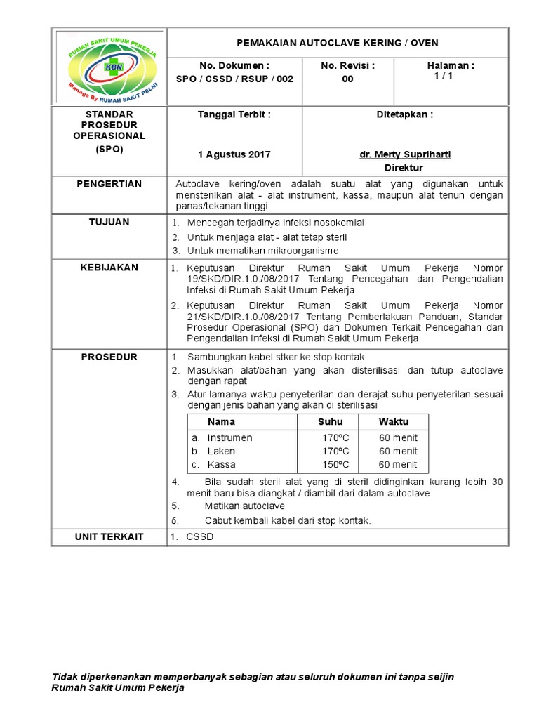 SPO - cssd.RSUP.002. Pemakaian Autoclave Kering Atau Oven | PDF