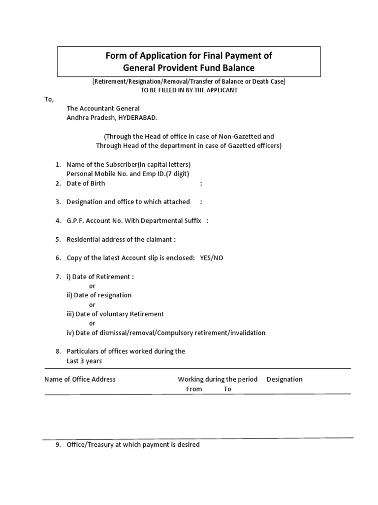Form of Application For Final Payment of General Provident Fund Balance ...