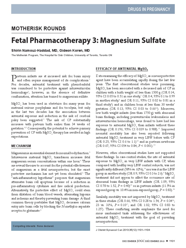 Fetal Pharmacotherapy 3 Magnesium Sulfate Motherisk Rounds PDF