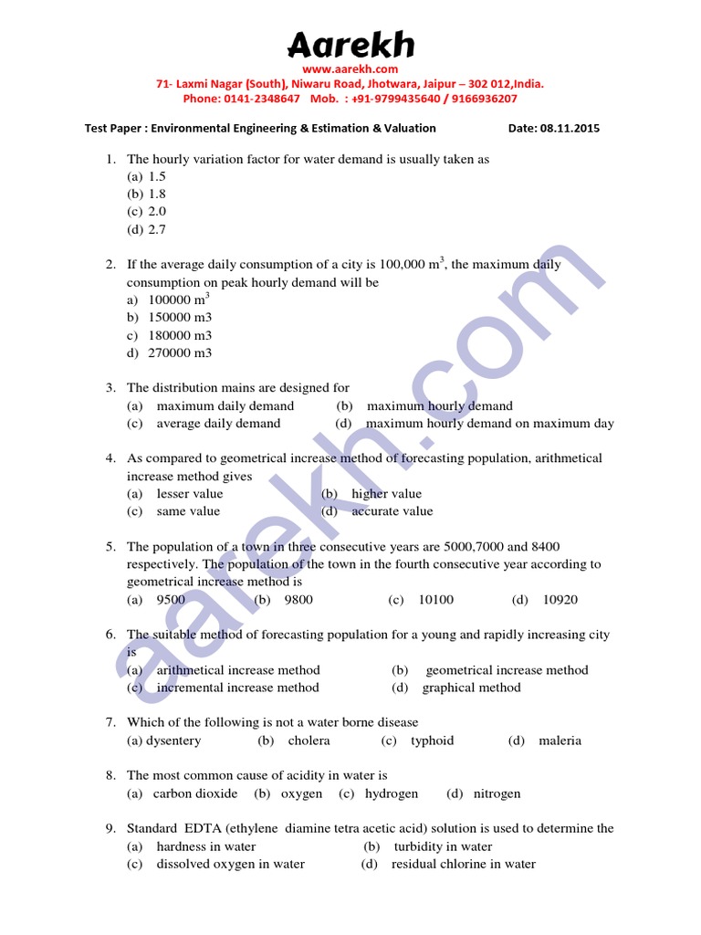 Test Paper: Environmental Engineering & Estimation & Valuation Date: 08 ...