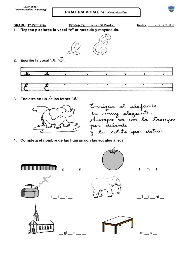 Actividades de la Vocal E para Primer Grado | PDF | Texto | Ortografía