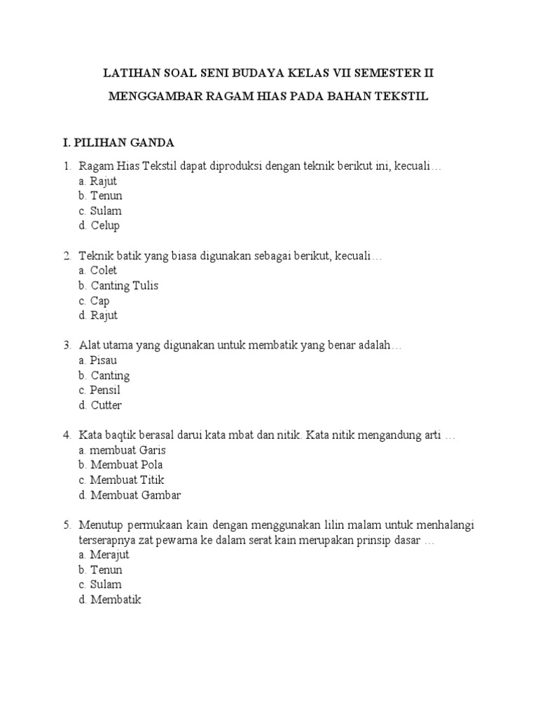Latihan Soal Seni Budaya Kelas Vii Semester Ii