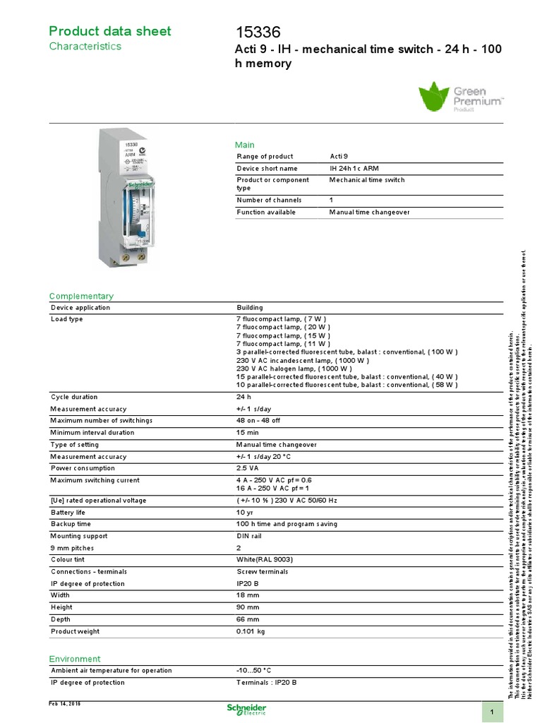 Product Data Sheet: Acti 9 - IH - Mechanical Time Switch - 24 H - 100 H ...