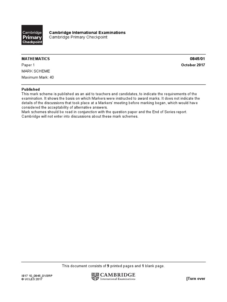 Primary Checkpoint - Mathematics (0845) April 2017 Paper 1 Question ...