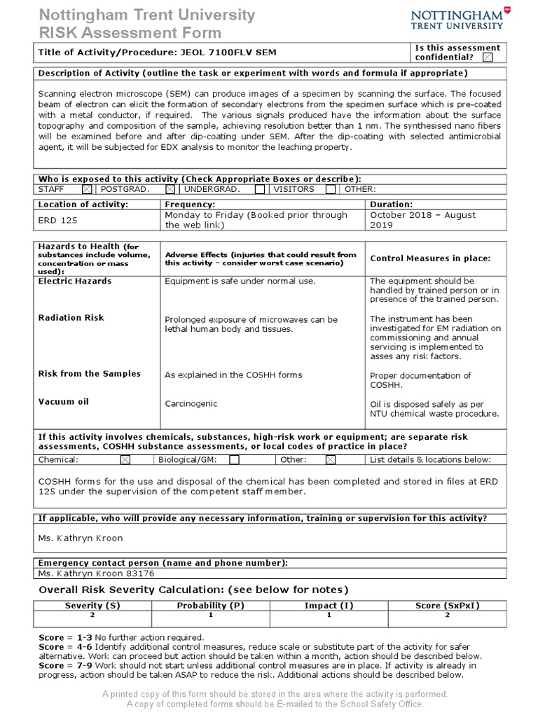 SEM Risk Assessment for NTU | PDF | Scanning Electron Microscope | Risk