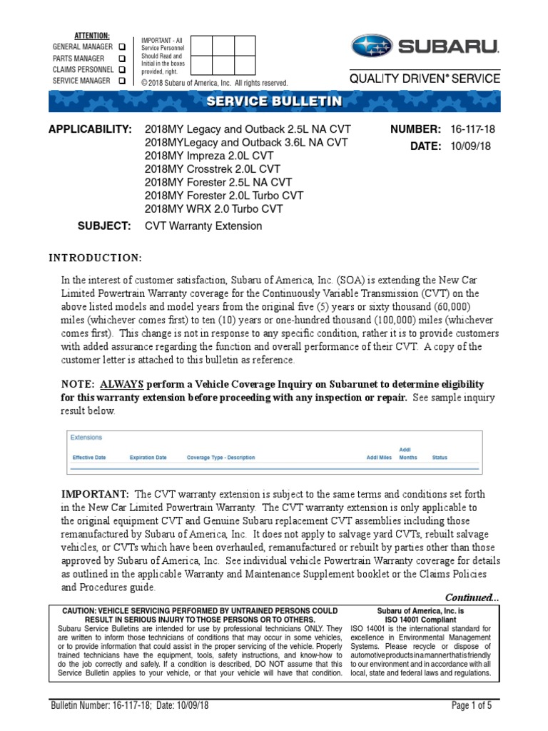 Subaru CVT Warranty Extension Service Bulletin Transmission