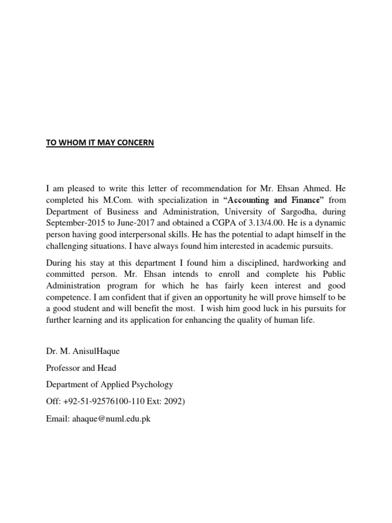 Recommendation for Ehsan Ahmed's Studies | PDF | Career & Growth | Business