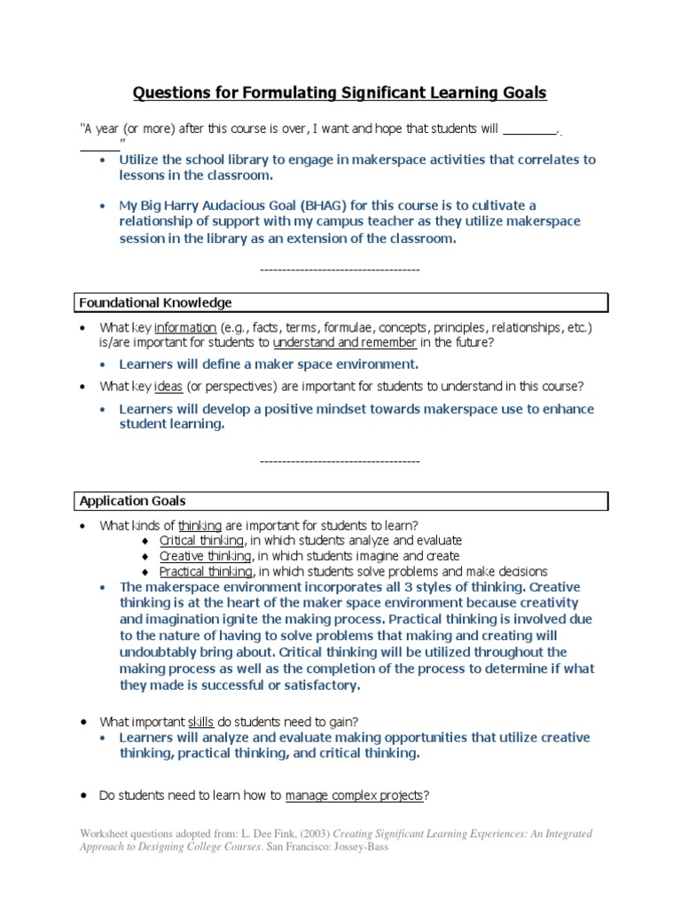 Makerspace Learning Goals Worksheet | PDF | Critical Thinking | Creativity