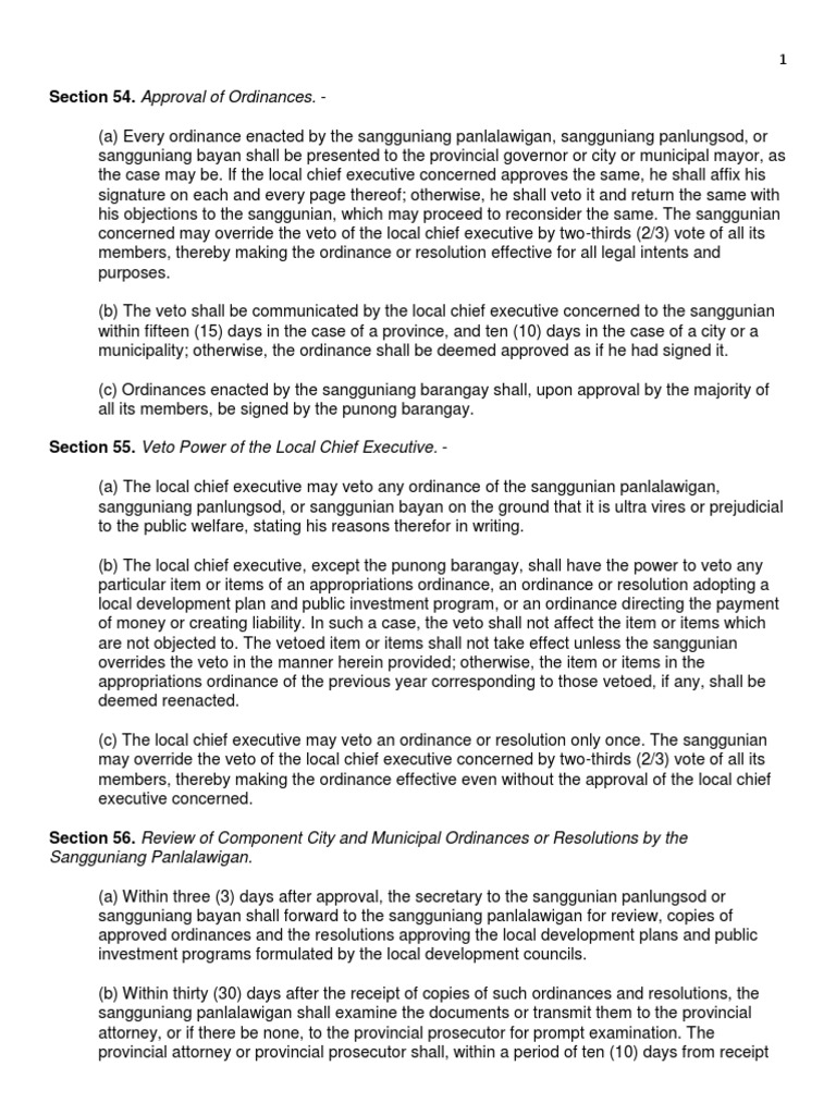Section 54. Approval of Ordinances. - : Sangguniang Panlalawigan | PDF ...