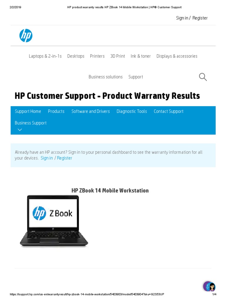 HP Product Warranty Results HP ZBook 14 Mobile Workstation HP