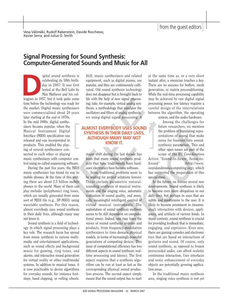 Ieee Proof: Signal Processing For Sound Synthesis: Computer-Generated ...