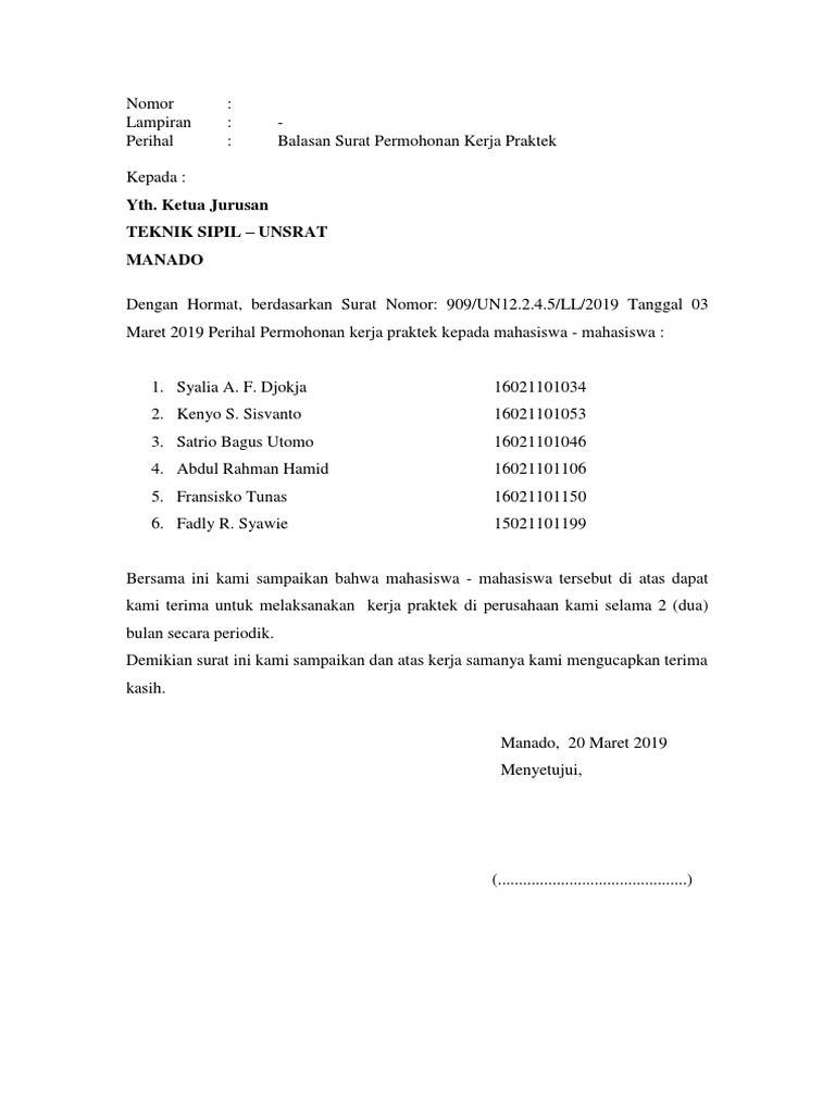 Surat Balasan Permohonan Kerja Praktek