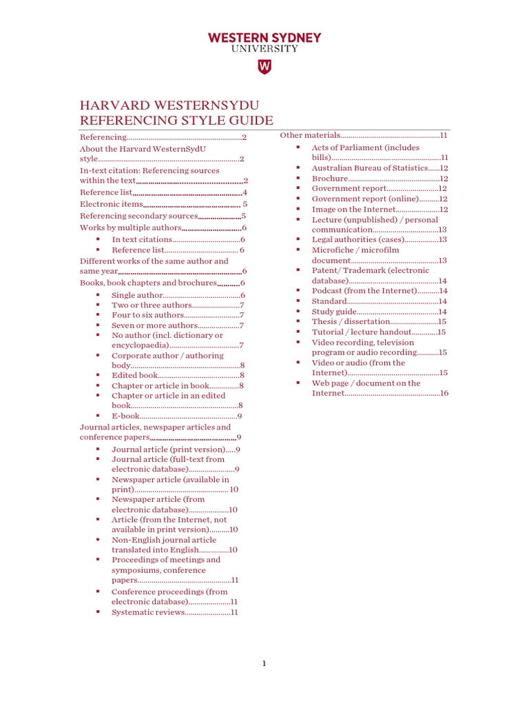 Harvard WesternSydU Referencing Guide | PDF | Citation | Digital Object ...
