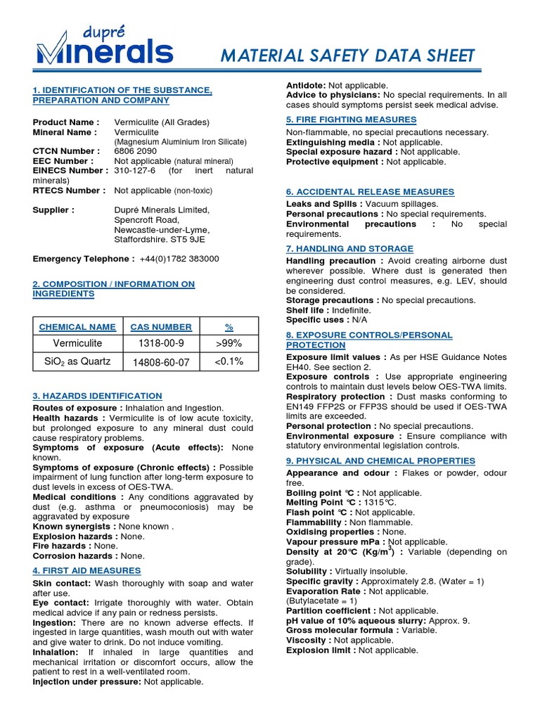 Material Safety Data Sheet (Magnesium Aluminium Iron Silicate