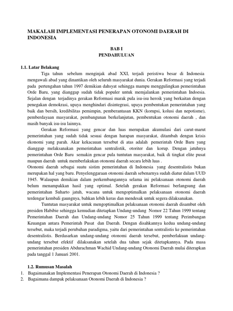 Makalah Implementasi Penerapan Otonomi Daerah Di Indonesia