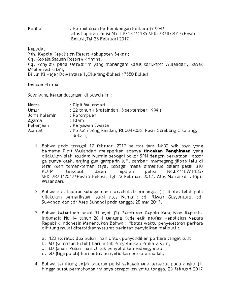 Permohonan SP2HP Kasus Pipit Wulandari | PDF