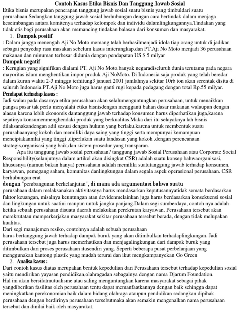Contoh Kasus Etika Bisnis Dan Tanggung Jawab Sosial