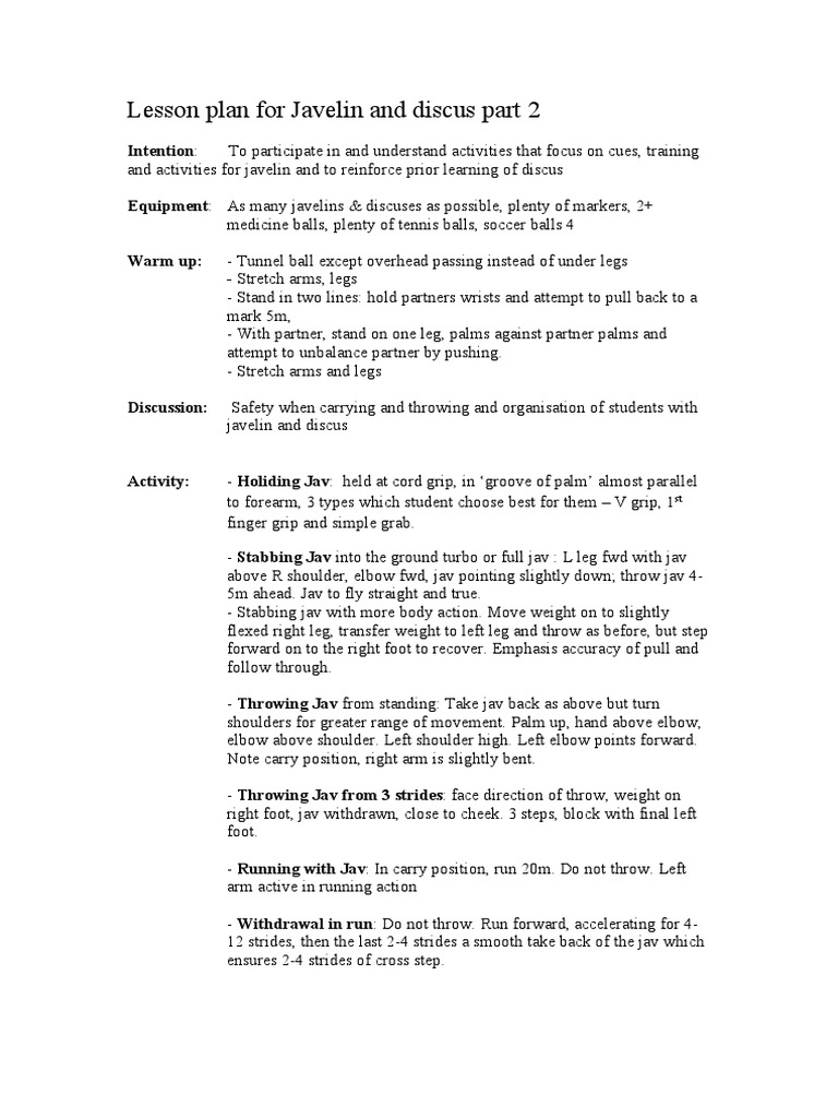 Lesson Plan For Javelin and Discus Part 2 Intention PDF Elbow Arm