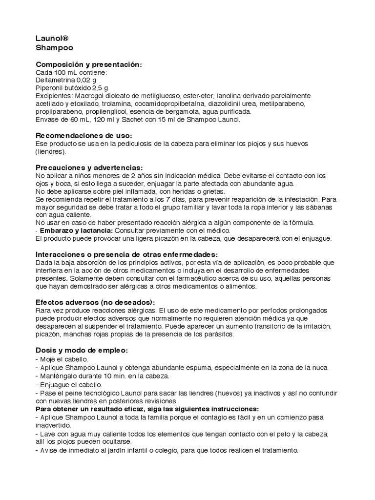 Shampoo Launol para Piojos: Uso y Precauciones | PDF | Especialidades ...