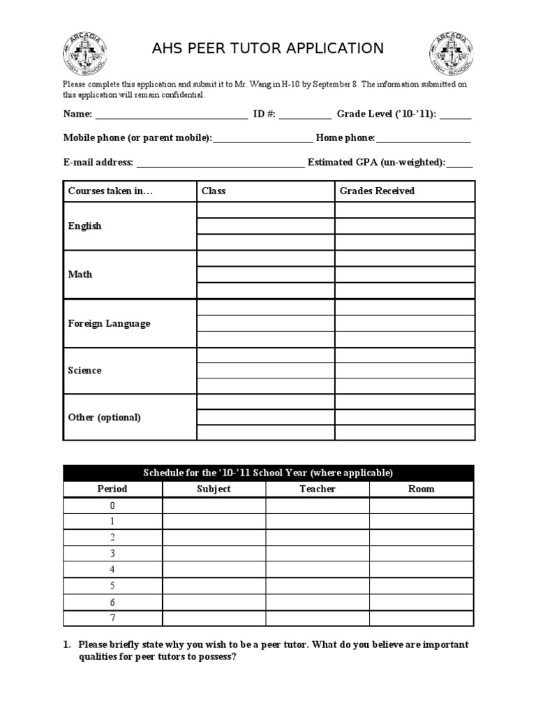AHS Peer Tutor Application Form | PDF | Tutor | Behavior Modification
