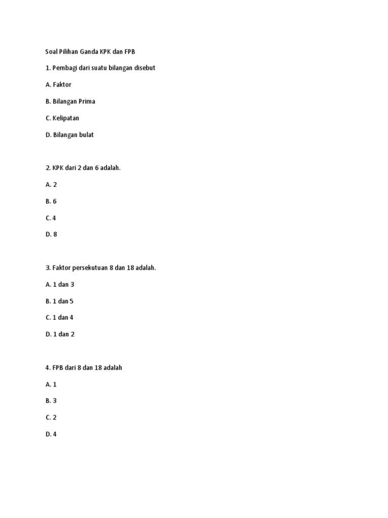Soal Mat Kelas 4 Kpk Dan Fpb