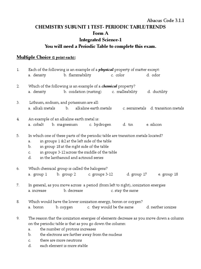 1005 Test Form A Periodic Table Boron 1005 Test Form A Periodic Table Boron