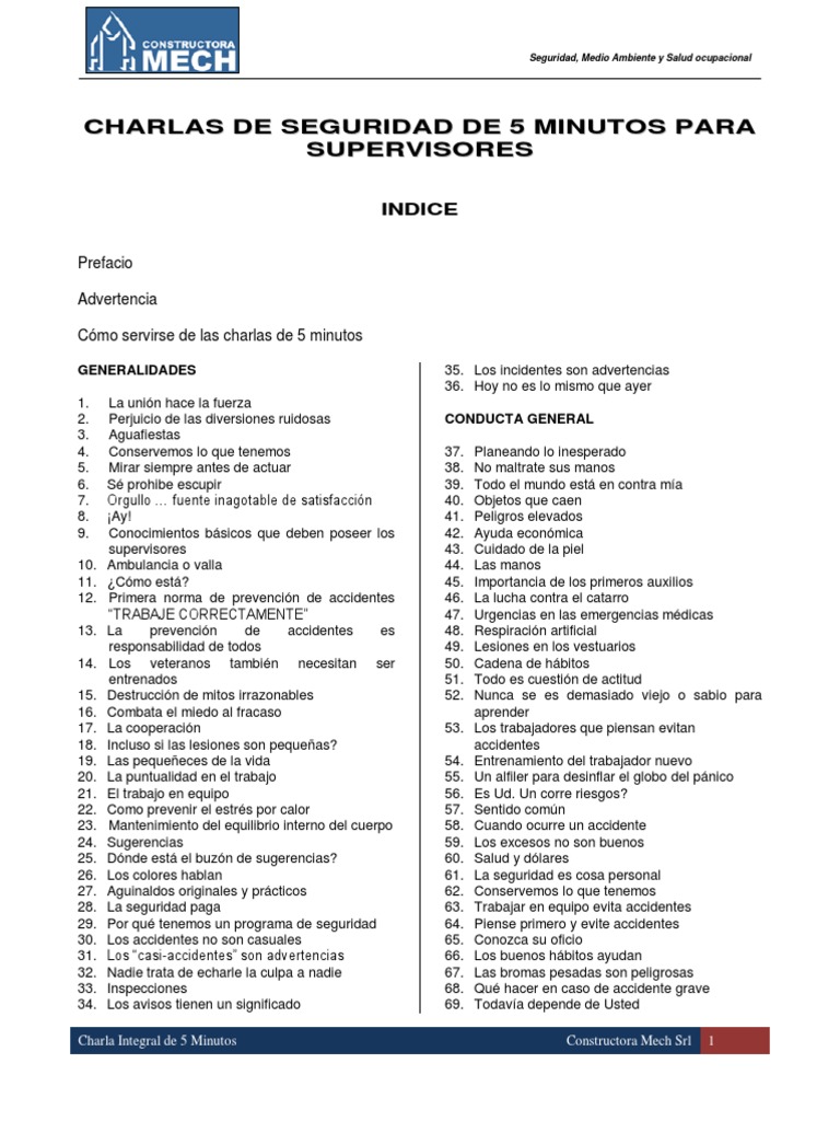Charlas De Seguridad De 5 Minutos Pdf Pdf Seguridad Y Salud