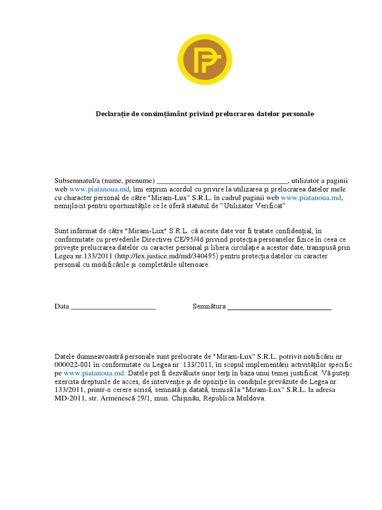 DeclaraÈ›ie De ConsimÈ›Äƒmant Privind Prelucrarea Datelor Personale