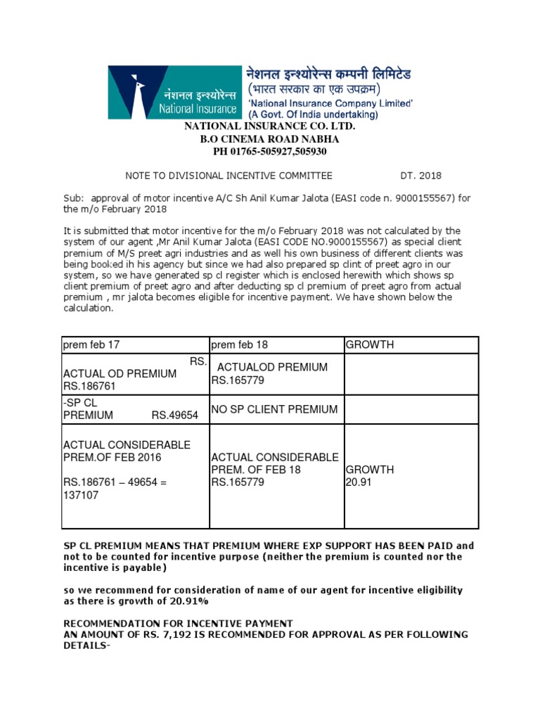 National Insurance Co. Ltd. B.O Cinema Road Nabha PH 01765-505927 ...