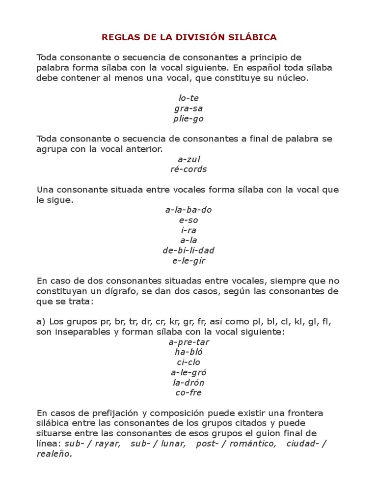 Reglas de División Silábica en Español | PDF | Sílaba | Fonología