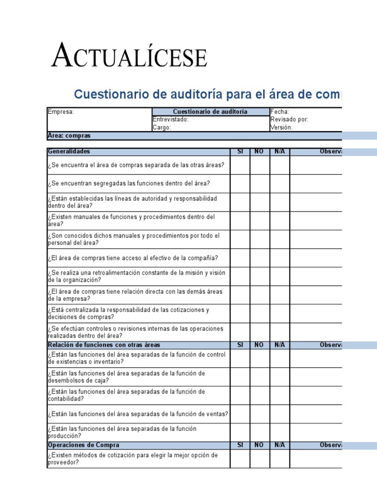 Cuestionario de Auditoria Compras | PDF | Auditoría | Calidad (comercial)