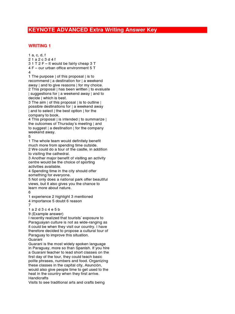 Keynote Advanced Extra Writing Answer Key 1 2 | PDF | Paraguay ...