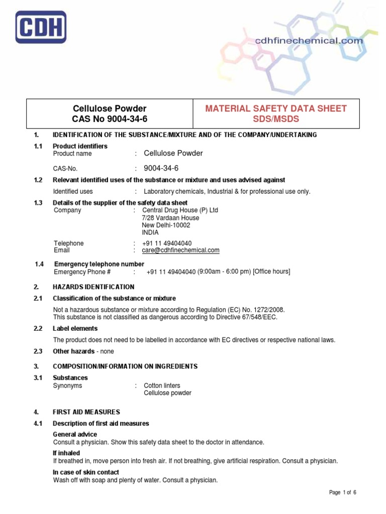 Cellulose Powder CAS No 9004-34-6: Material Safety Data Sheet Sds/Msds ...