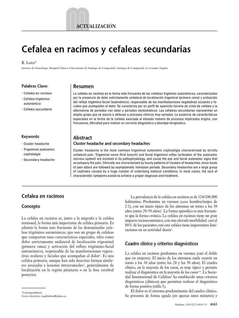 Cefalea en Racimos y Cefaleas Secundarias | PDF | Migraña | Dolor de cabeza