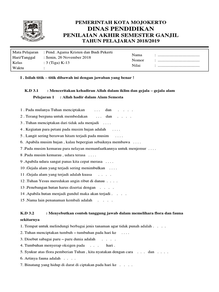 Contoh Soal 2021 Kelas 3 Pendidikan Agama Kristen Tentang