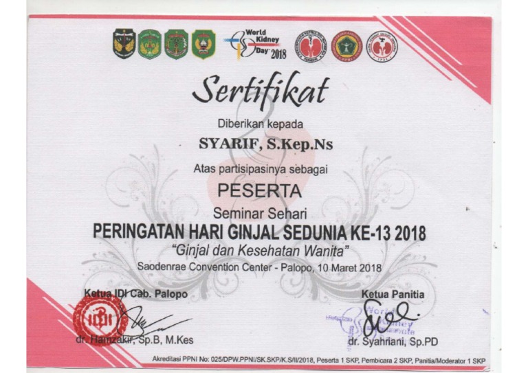 Sertifikat Seminar Hari Ginjal Sedunia 2018