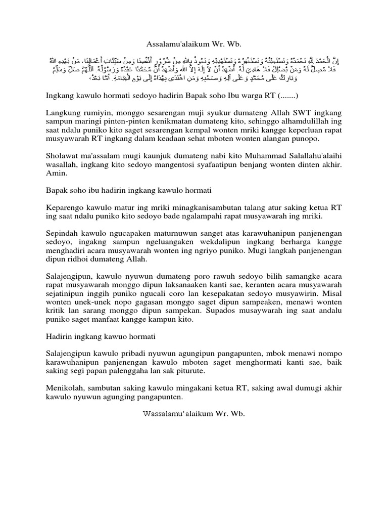 Contoh Pidato Sambutan Rapat Ketua RT Bahasa Jawa | PDF