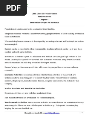 09 Social Science Key Notes Eco Ch1 People As Resources Pdf Human Capital Unemployment