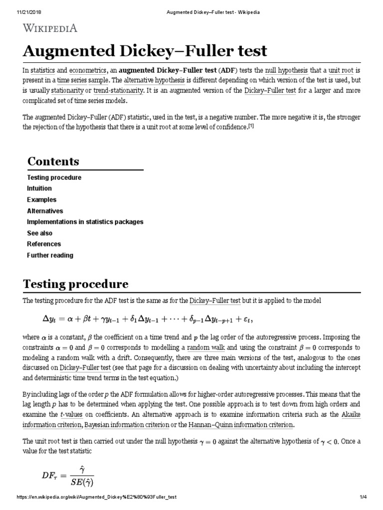 Augmented Dickey-Fuller Test - Wikipedia | PDF | Time Series ...