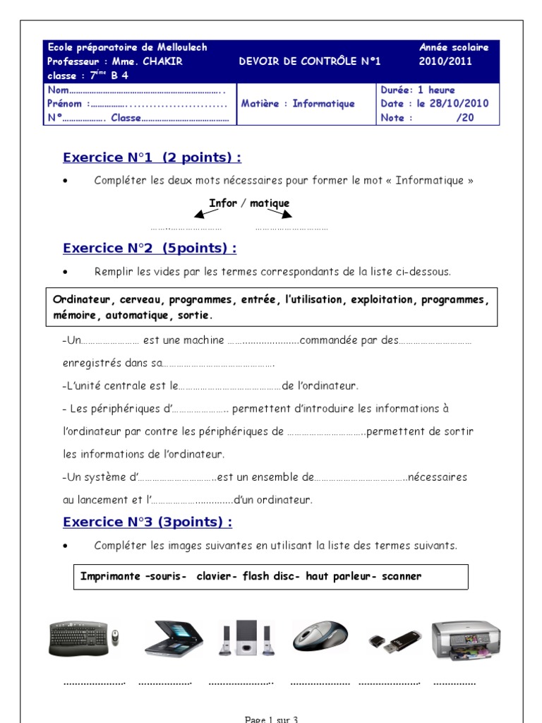 Devoir de Contrôle Informatique 7ème | PDF | Scanner (informatique ...