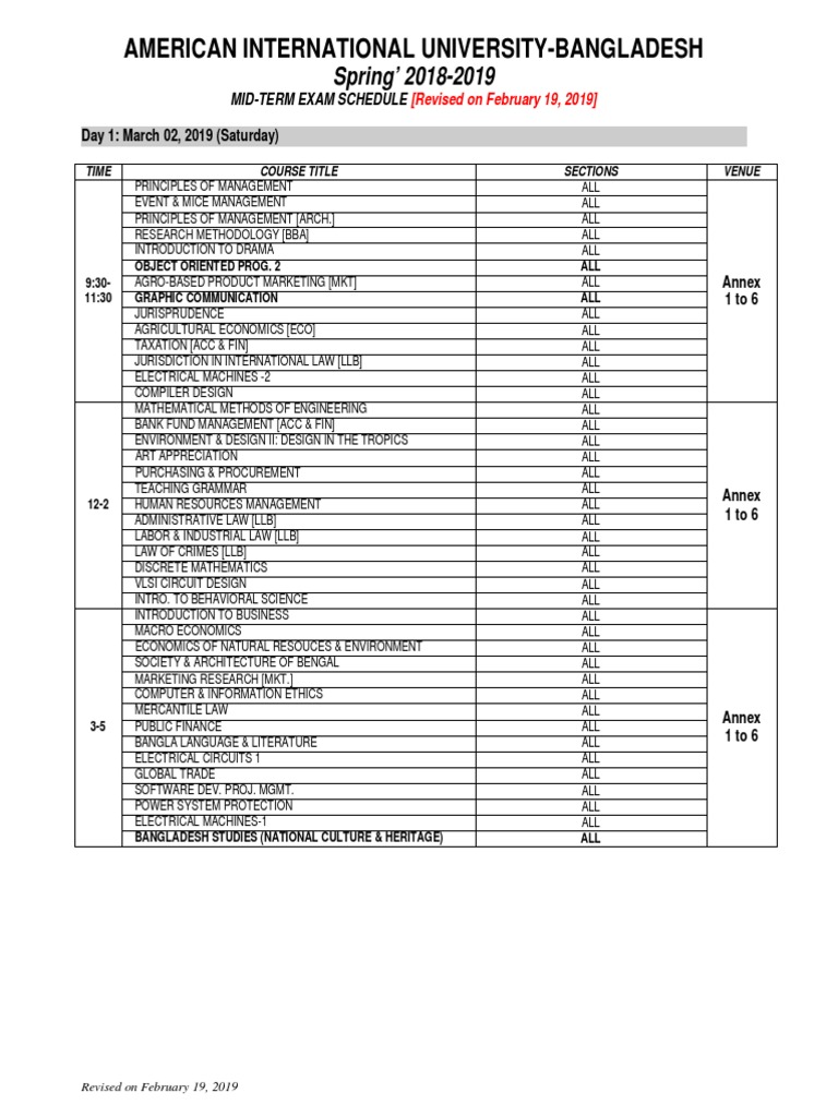 AIUB Spring 2019 Mid-Term Exam Schedule | PDF | Engineering ...