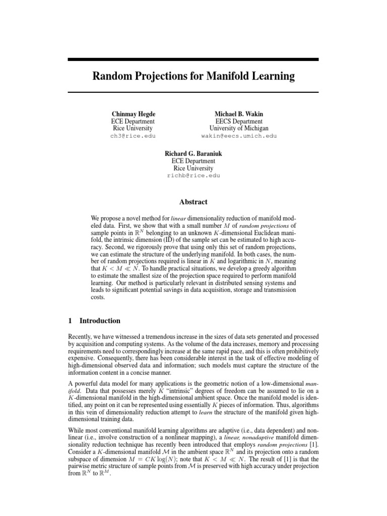 Manifold Learning via Projections | PDF | Applied Mathematics | Geometry