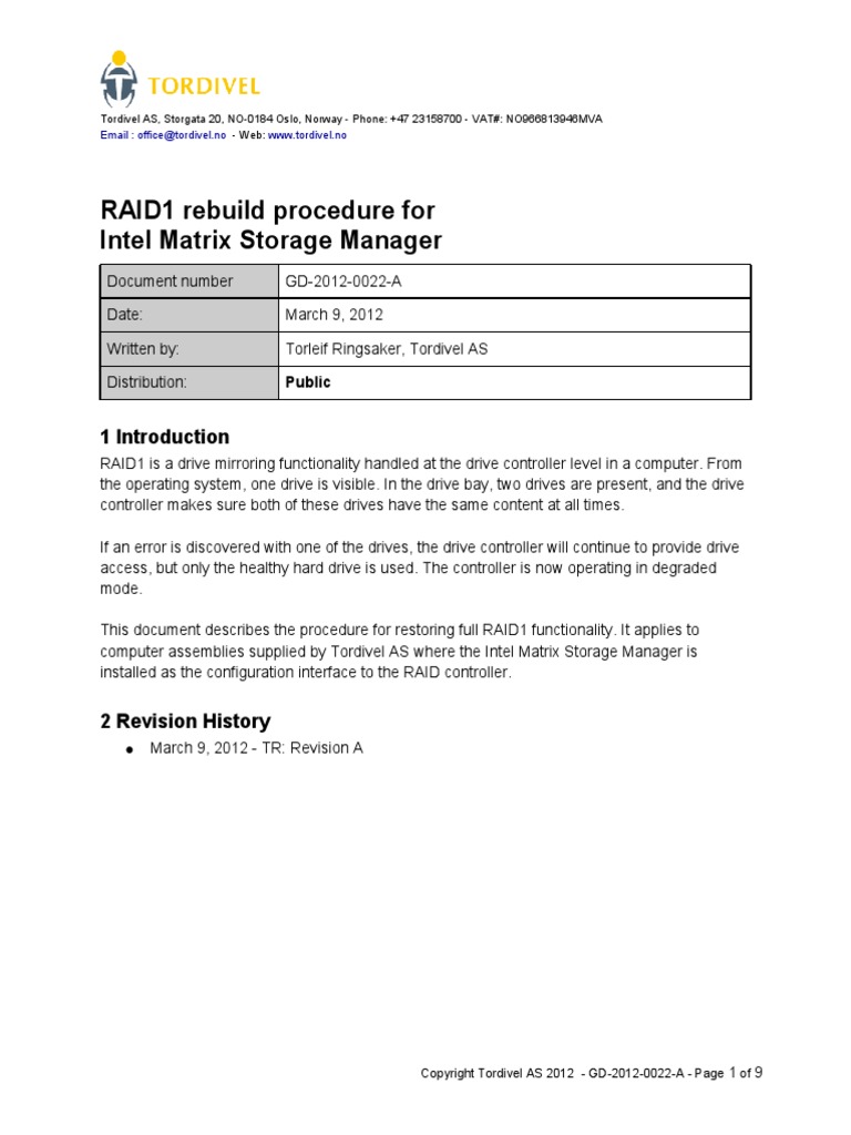 Raid 1 Rebuild Procedure For Intel Matrix Storage Manager | PDF ...