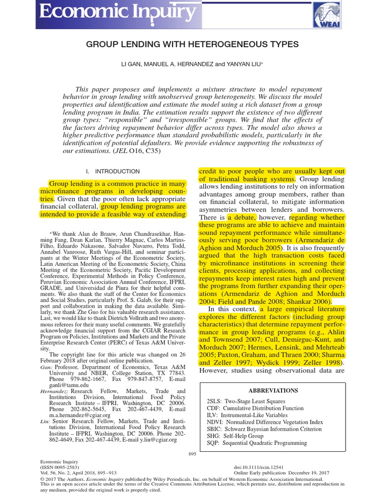 Group Lending With Heterogeneous Types: Gan: Professor, Department of ...
