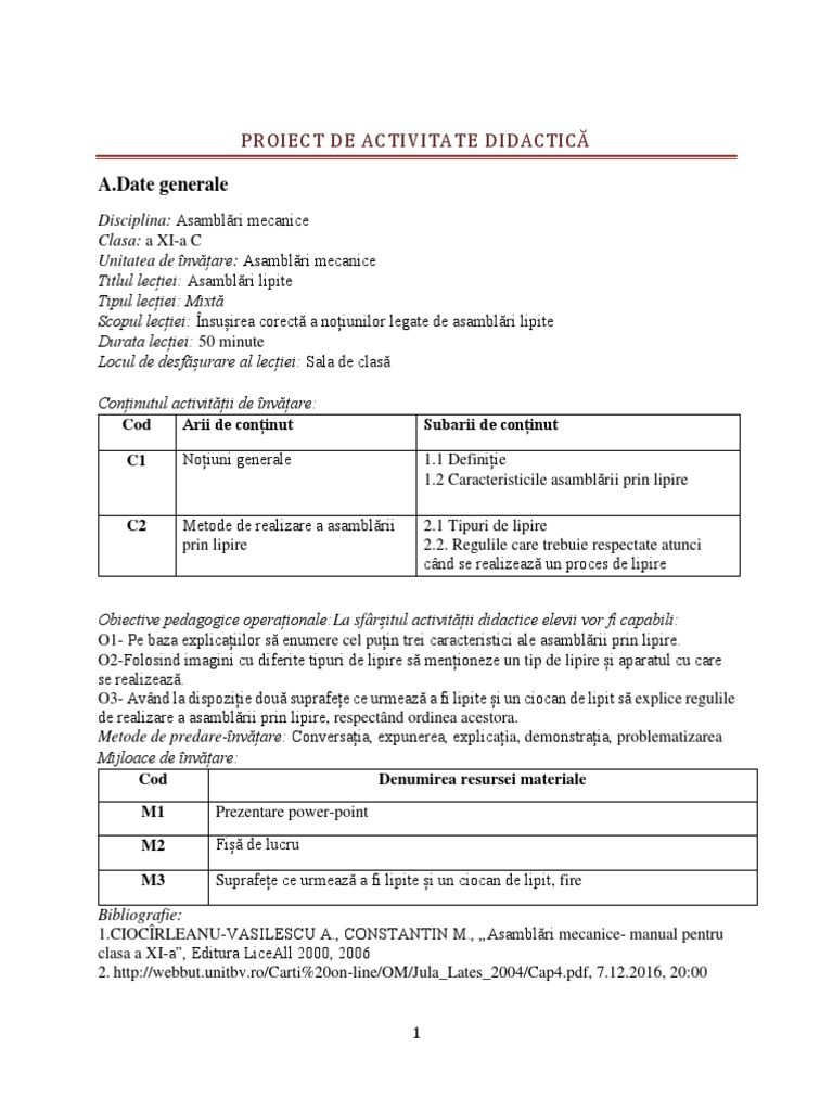 Model Proiect Lectie | PDF