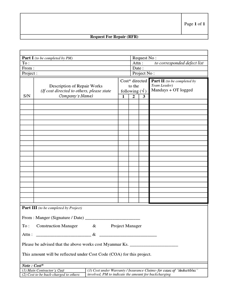 Request for Repair Form Template | PDF | Finance & Money Management ...