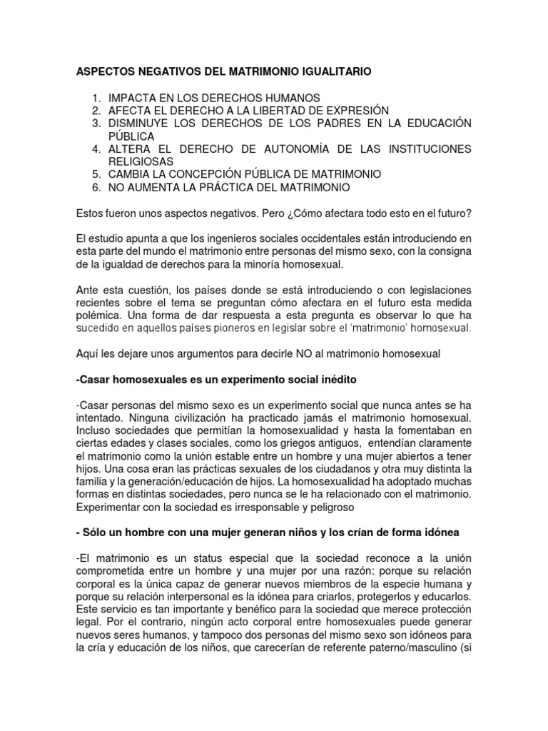 ASPECTOS NEGATIVOS DEL MATRIMONIO IGUALITARIO PROS Y