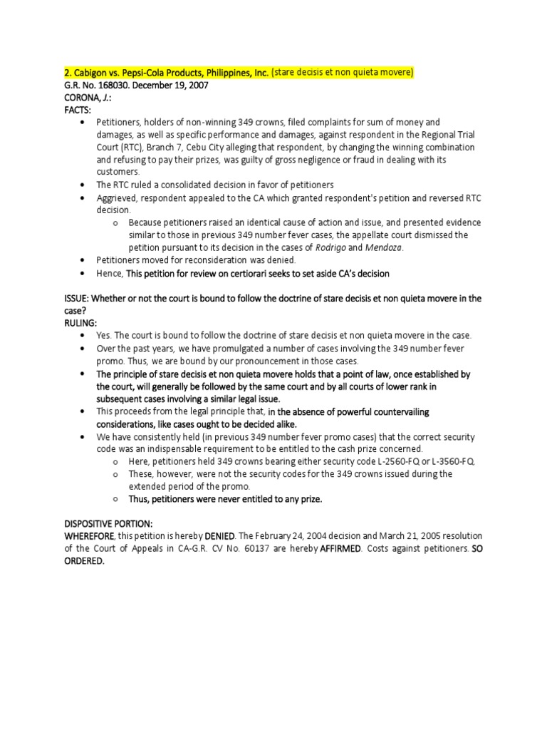 Cabigon vs pepsi cola products philippines inc stare decisis et
