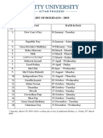 Bf407list of Holidays for Calendar Year 2019