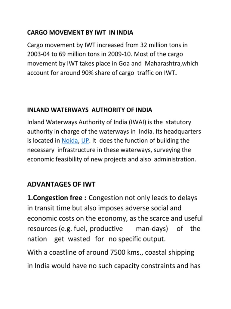 Cargo Movement by Iwt in India PDF Cargo Transport